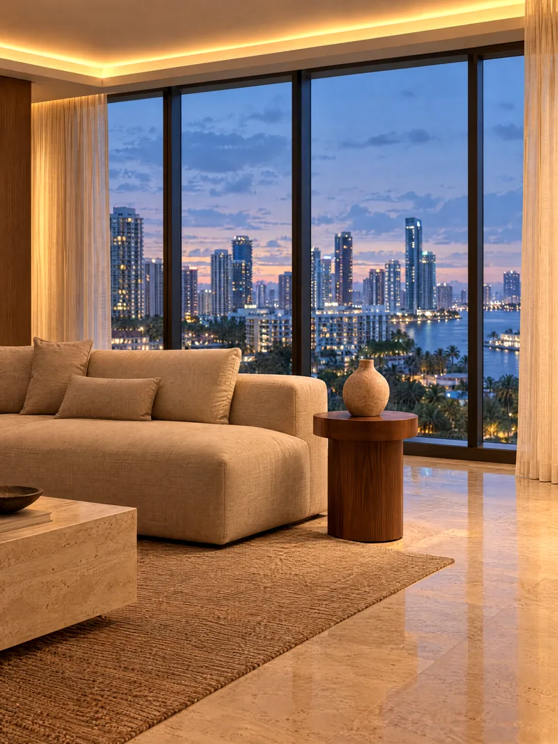 A high-floor living room looking out over a city at dusk (illustrative)